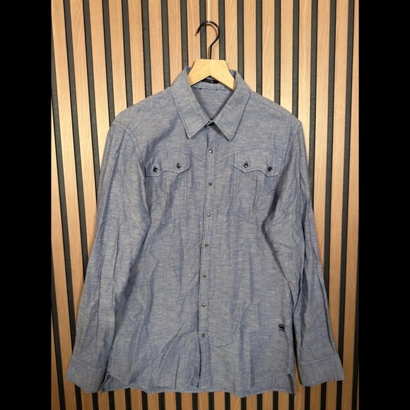 G Star Raw Western Shirt Large Mens Blue Long Sleeve Collared Button Snap Linen - Picture 1 of 7